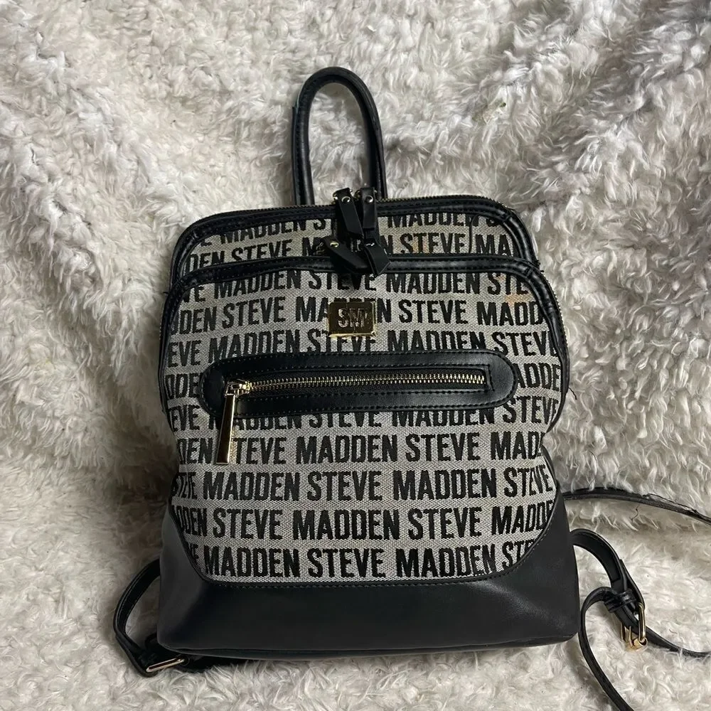 Steve Madden canvas black &white logo small backpack  black faux leather trims